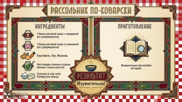 Рассольник по-Коварски: Необычный рецепт с банками каши и Рокфором. Нейросеть Nano-Banana
