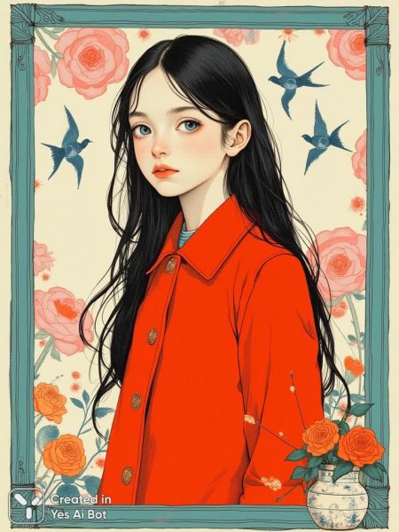 Девушка в красном: тихая красота и меланхолия. Картинка из нейросети Flux.1