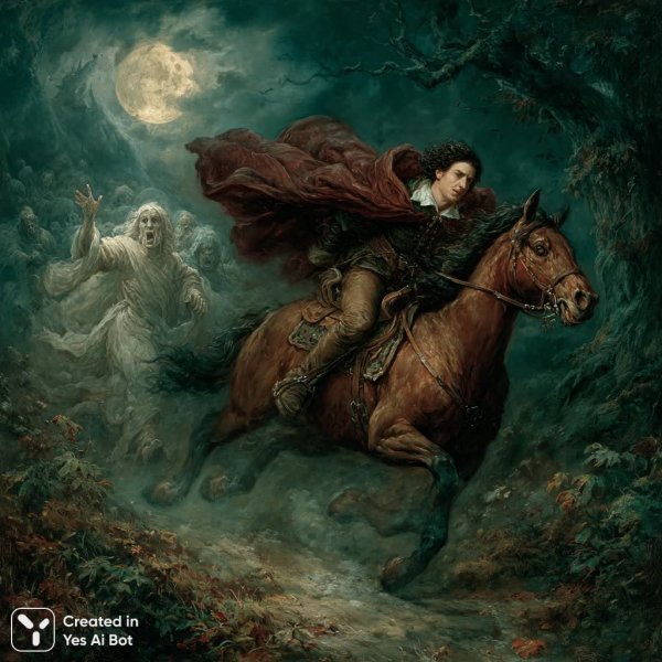 Погоня в лунном лесу: тайна ночного преследования и призрачная опасность. Генерация из нейронной сети Midjourney