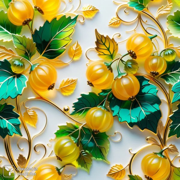 Неожиданное сочетание: желтые крыжовники и изумрудные листья в золотом обрамлении. Картинка из нейросети Stable Diffusion