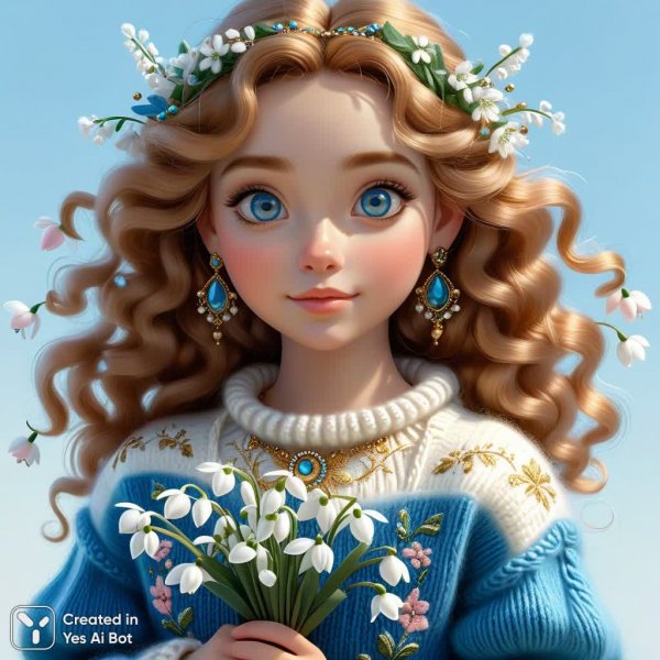 Девушка с подснежником в нежном мохеровом свитере и голубыми глазами. Генерация из нейронной сети Stable Diffusion