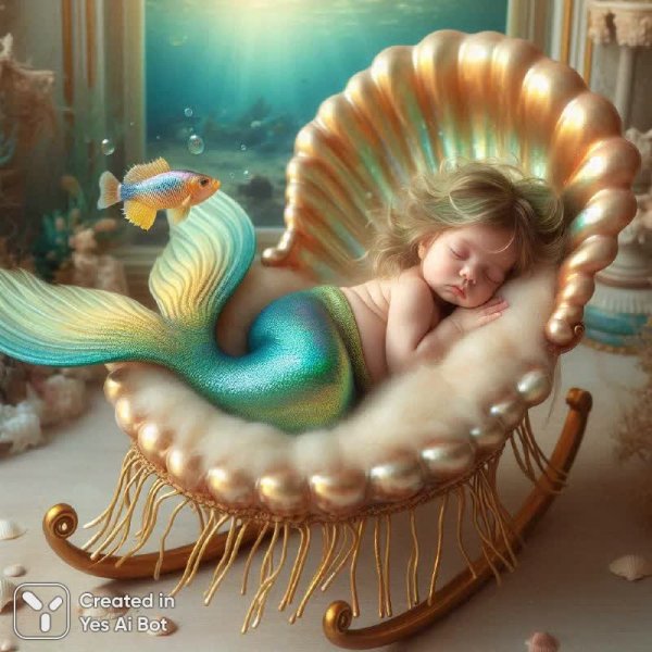 Маленькая русалка дремлет в раковине, охраняемая золотой рыбкой. Изображение из нейросети Далли 3
