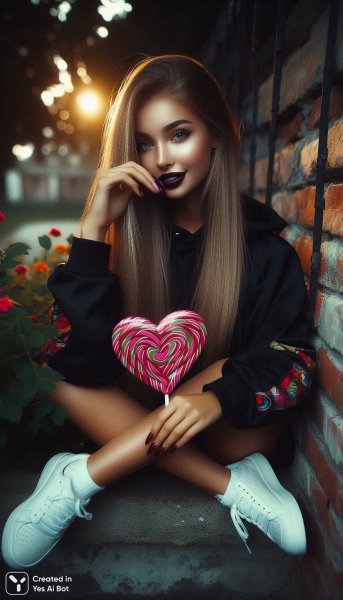 Осеннее настроение: стильная девушка и яркий леденец на кирпичном заборе. Картинка из нейросети Далли 3