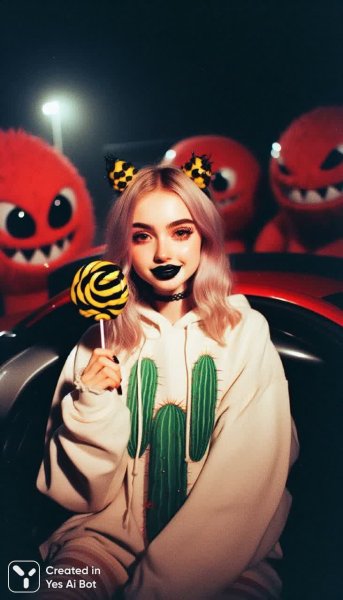 Ночная нежность: девушка в стиле гранж с кактусом и карамелью на фоне алых огней. Генерация из нейросети Dalle