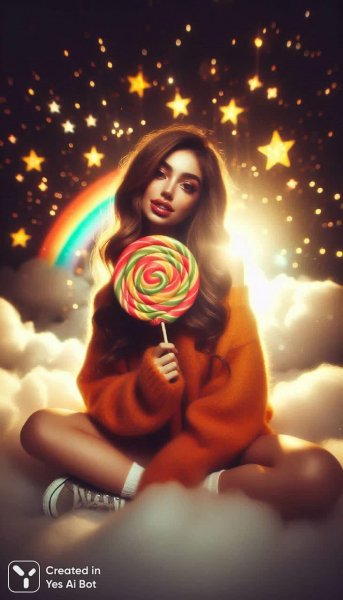 Нежная мечта: девушка на облаке в оранжевом свитере и звездном свете. Генерация из нейросети Далли 3