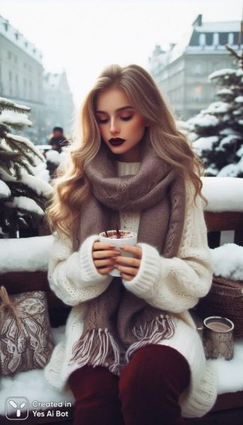 Зимнее настроение: теплая сказка городского пейзажа с девушкой на фоне снега. Нейронная сеть Dalle