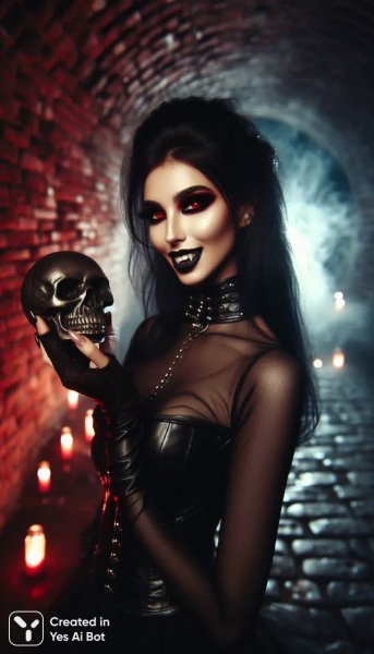 Вампиресса в тумане: готическая ночь и тайна стеклянного черепа. Картинка из нейросети Dalle 3