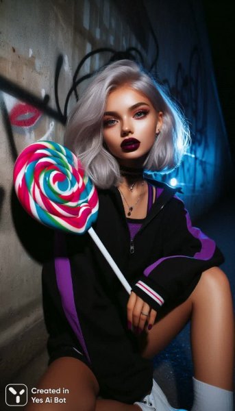 Ночная элегия: стильная девушка с леденцом в неоновом свете улиц. Картинка из нейронной сети Dalle-3