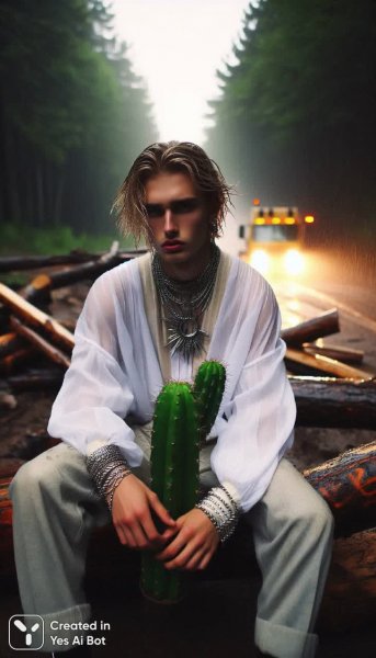 Лесной вечер: стильный парень в oversized свитшоте и кактус на палочке. Генерация из нейросети Dalle