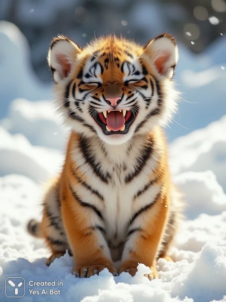 Милый тигренок наслаждается зимней сказкой и дарит радость окружающим своей искренней улыбкой. Нейросеть Flux 1