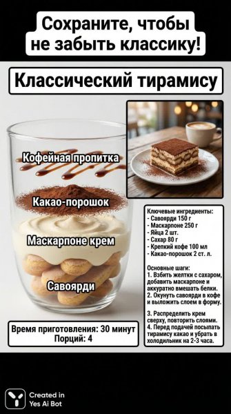 Идеальный тирамису: рецепт, ингредиенты и пошаговая инструкция приготовления десерта в домашних условиях. Изображение из нейронной сети NanoBanana