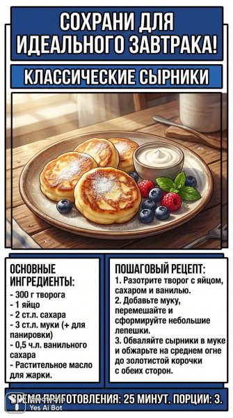 Идеальные сырники: рецепт домашнего завтрака с фото и временем приготовления. Генерация из нейросети NanoBanana