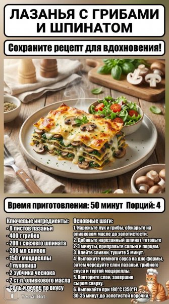 Аппетитная лазанья с грибами и шпинатом: пошаговый рецепт приготовления вкусного блюда дома. Генерация из нейронной сети Nano-Banana