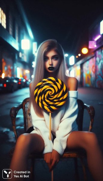Ночная девочка с леденцом в стиле готики: фото на пленке с неоновым граффити. Нейросеть Dalle