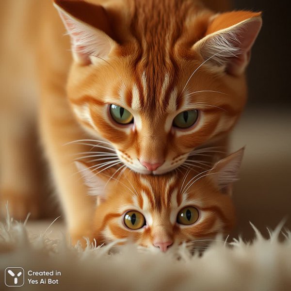 Нежные объятия рыжего кота и его маленького котёнка: макросъемка и теплота. Изображение из нейросети Flux 1
