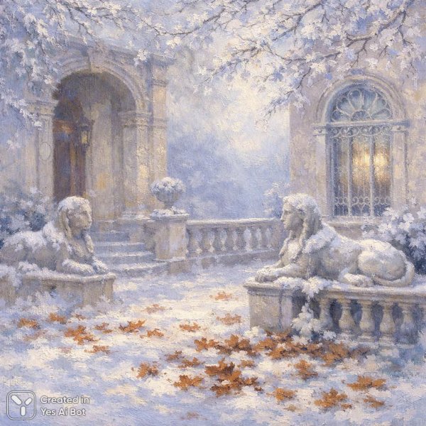 Зимний пейзаж в стиле импрессионизма: спокойствие и очарование заснеженной террасы. Картинка из нейросети Sora Image