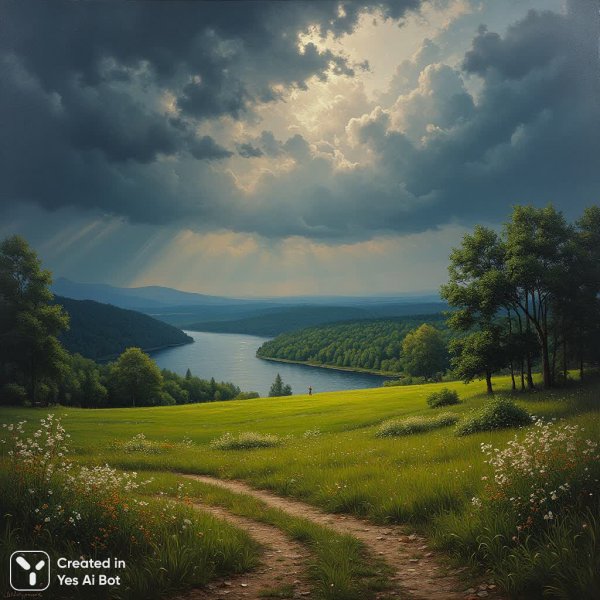 Русский пейзаж в стиле Шишкина: буря и свет над рекой. Изображение из нейронной сети Flux Ai