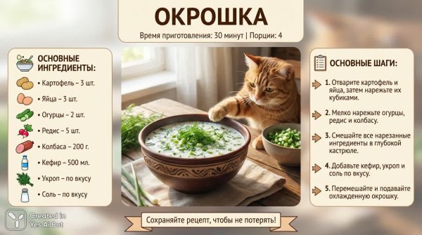 Освежающая окрошка: простой рецепт летнего супа с котом-поваром. Картинка из нейросети Nano Banana