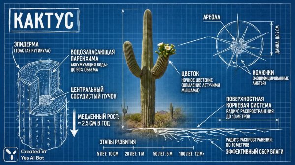 Кактус: ботанический чертеж с фотографической детализацией и техническими пояснениями на русском языке. Генерация из нейросети Nano-Banana