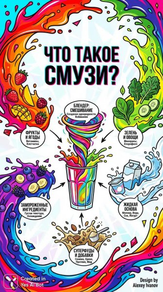 Яркие смузи: фруктовый букет в стильном дизайне. Нейросеть Нано Банана