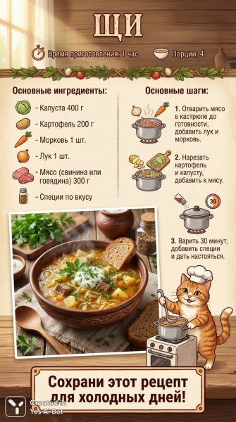 Ароматные щи с мясом и котиком – простой рецепт домашнего супа на каждый день. Изображение из нейронной сети NanoBanana