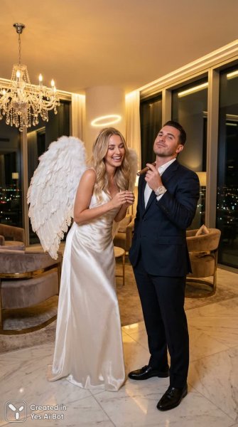 Ангельский смех над самодовольным богачом в роскошном пентхаусе с видом на город. Нейронная сеть Nano Banana