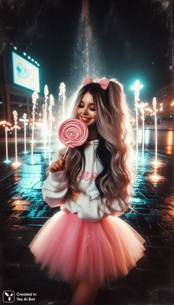 Ночная феерия: девушка, леденец и неоновый город. Нейронная сеть Dalle