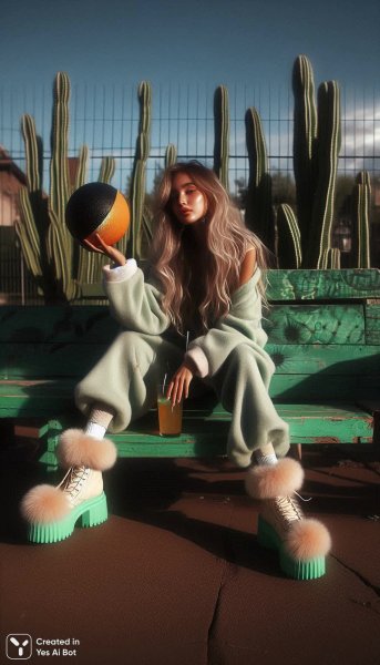 Вечерний кадр: девушка в мяте и шарике среди кактусов. Изображение из нейросети Dalle