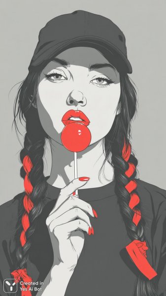 Девочка с красными лентами и лолипопом в стиле комикса. Изображение из нейросети Midjourney