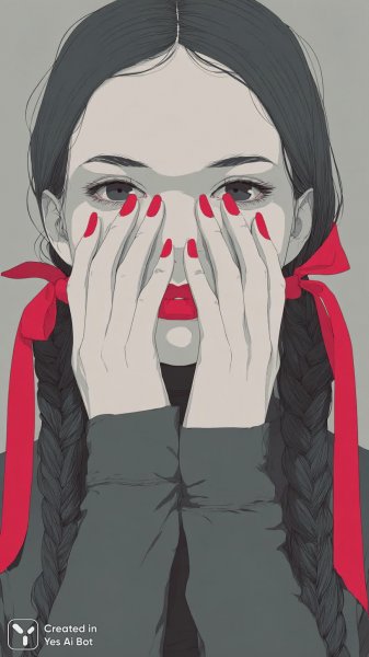 Девушка в сером свитере с длинными косами и ярким макияжем: современный арт-портрет. Картинка из нейронной сети Midjourney