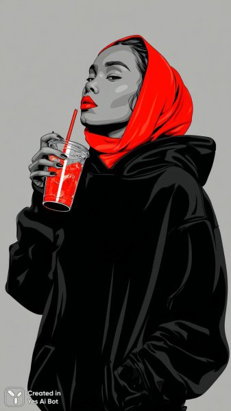 Девушка с коктейлем в стильном минималистичном иллюстративном стиле. Нейронная сеть Midjourney