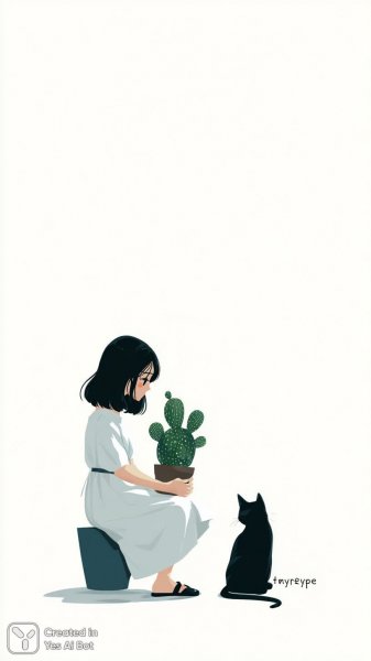 Девушка и кактус: нежная иллюстрация в стиле скетча. Изображение из нейронной сети Midjourney