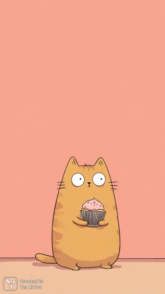 Оранжевый котенок с кексом: милый мультяшный персонаж в пастельных тонах. Картинка из нейросети Миджорни