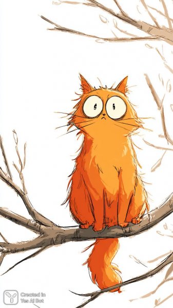 Удивленный рыжий котенок на ветке дерева в мультяшном стиле. Генерация из нейросети Миджорни
