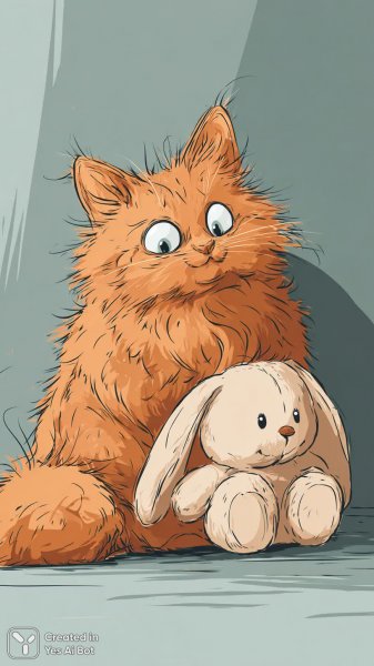 Милый рыжий котенок с большими глазами и плюшевой игрушкой в объятиях. Нейросеть Миджорни