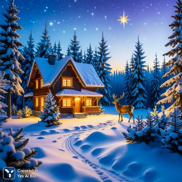 Зимняя ночь: олень и свет в окошках домика. Картинка из нейронной сети Stable Diffusion
