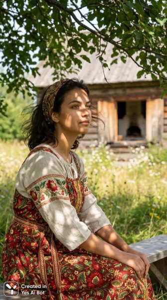 Русская красавица в традиционном наряде и солнечный свет сквозь листву. Изображение из нейронной сети NanoBanana