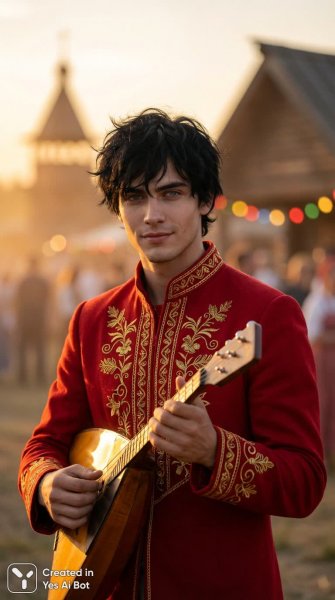 Русский музыкант с балалайкой на закате: ожившая народная сказка. Изображение из нейронной сети NanoBanana