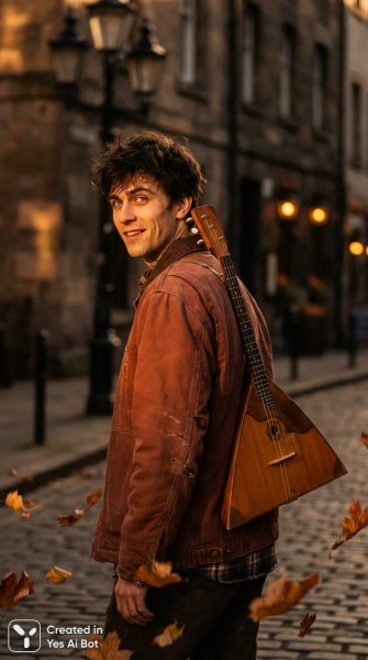 Молодой путешественник с балалайкой в осеннем городе. Изображение из нейросети Nano-Banana