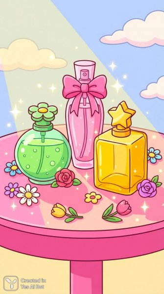 Яркий мир парфюмерии: игривые ароматы в мультяшном стиле. Картинка из нейросети Nano Banana