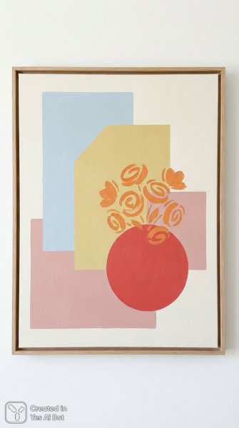 Яркий натюрморт с апельсиновыми цветами и красной вазой в стиле минимализма. Нейронная сеть Нано Банана