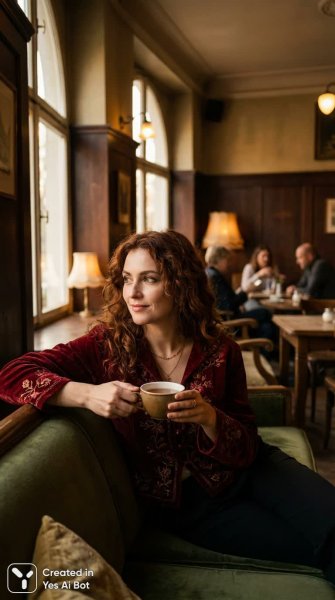 Загадочная женщина в кафе: атмосфера таинственности и уюта золотого часа. Нейронная сеть NanoBanana