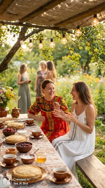 Друзья за столом: русские блины и летнее настроение. Картинка из нейросети Nano-Banana