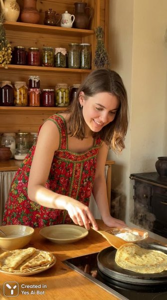 Уютная кухня: русские блины в лучах заката и атмосфера домашнего тепла. Изображение из нейросети Нано Банана