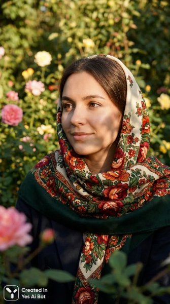 Портрет с платком: красота и спокойствие в солнечном саду. Картинка из нейронной сети Nano Banana