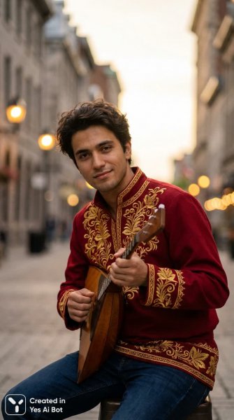 Молодой человек в красном: сочетание современности и русской старины на улицах города. Картинка из нейросети Nano-Banana