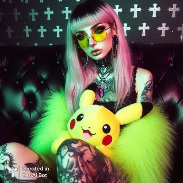 Неоновый Готический Образ: Пикачу, Татуировки и Стильный Блэк-Аут. Генерация из нейросети Dalle 3