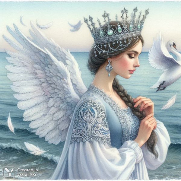 Выход из моря: королева с крыльями в закатном сиянии. Картинка из нейронной сети Dalle 3