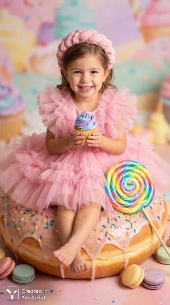 Сладкая мечта: девчушка на гигантском пончике в розовом платье. Изображение из нейросети NanoBanana