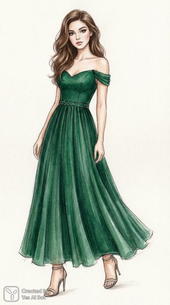 Изящная девушка в изумрудном платье: мода и красота в деталях. Картинка из нейронной сети Nano-Banana